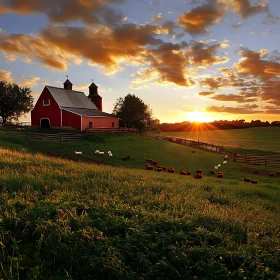 Red Barn and Cattle in Sunset