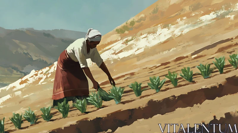 Woman Farming on a Hillside AI Image