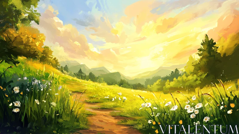 AI ART Golden Field with Wildflowers Painting