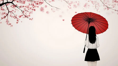 Red Umbrella and Cherry Blossoms