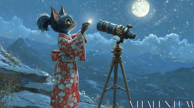 Enchanting Catgirl Observes the Night Sky AI Image