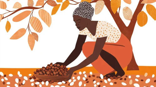 Woman Harvesting Nuts Graphic Illustration