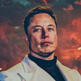 Elon Musk in White Suit with Sunset