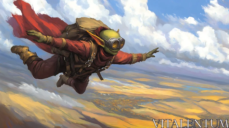 Whimsical Goblin Skydiving Over Golden Fields AI Image