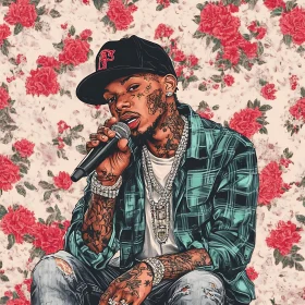 Floral-Backed Portrait of a Tattooed Rapper