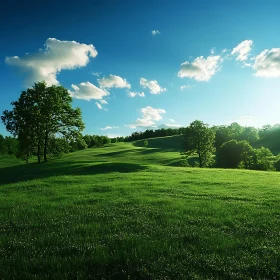 Sunlit Meadow with Trees and Clouds