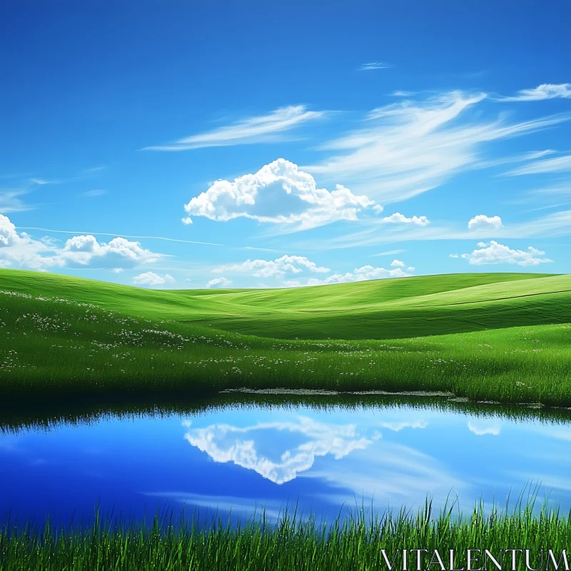 AI ART Serene Landscape with Green Field and Pond