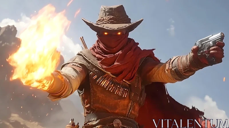 Masked Cowboy with Fire and Gun AI Image