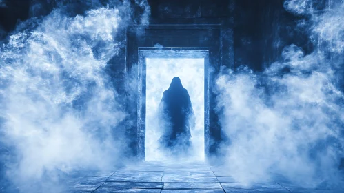 Mysterious Silhouette in Foggy Doorway