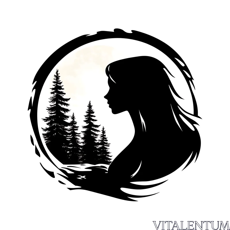 Silhouette Art: Woman, Forest, and Moon AI Image