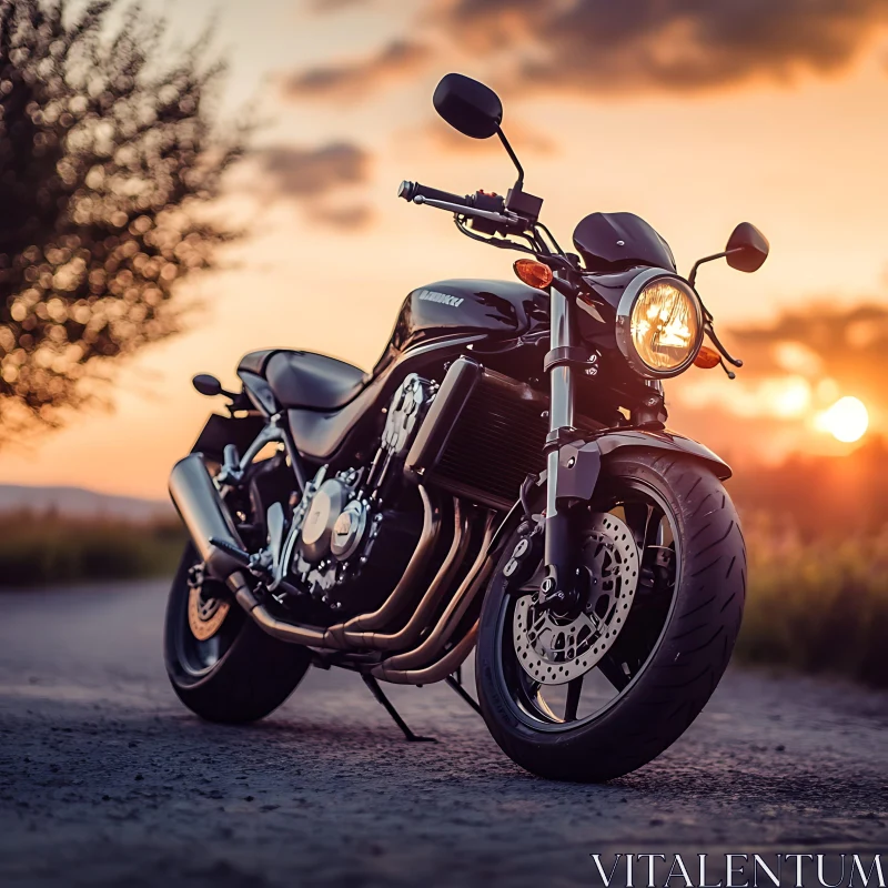 Motorcycle Silhouette Against Sunset AI Image