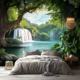 Serene Bedroom with Waterfall View