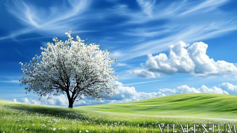 White Blossoms in a Green Meadow AI Image