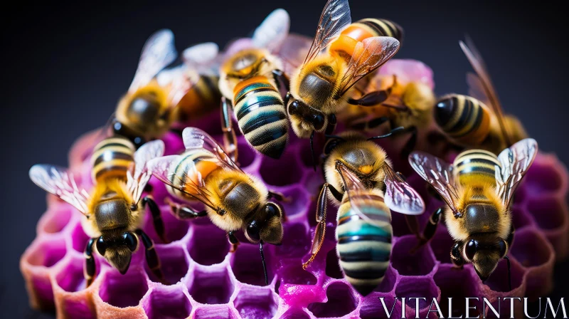 Bees on a Purple Honeycomb - A Close-Up Journey into the Life of Bees AI Image