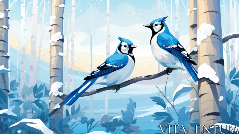Blue Jays in Snow - Fairy Tale Style Illustration AI Image