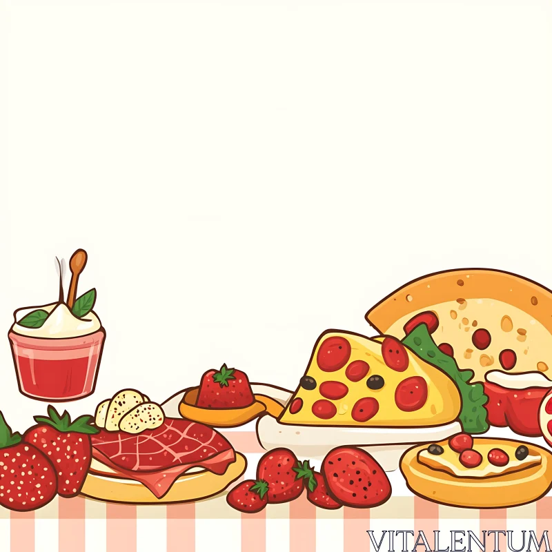 AI ART Assorted Food Illustration - Pizza, Dessert, and Fruits