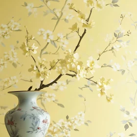 White Blossoms in Vase, Yellow Background