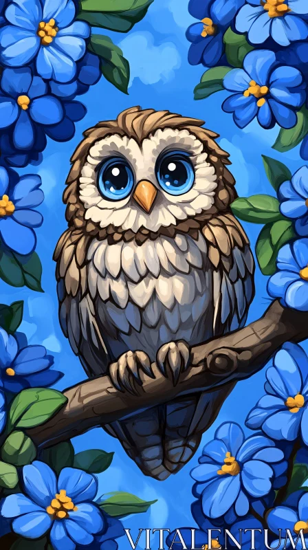 AI ART Owl and Blue Floral Illustration