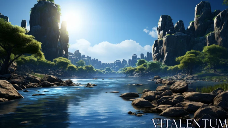 Fantasy Landscape: River Scene with Rocks AI Image
