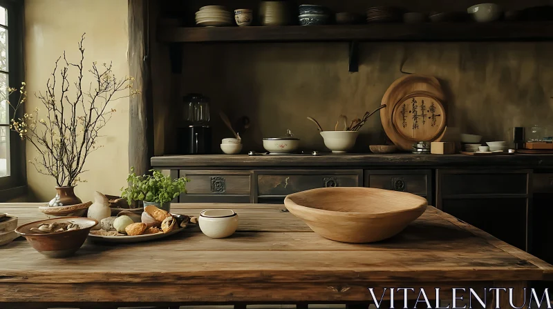 Wooden Table in Rustic Kitchen Interior AI Image