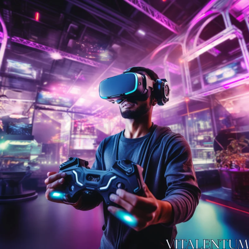 AI ART Man Engaged in Virtual Reality Gaming Amidst Urban Cityscape