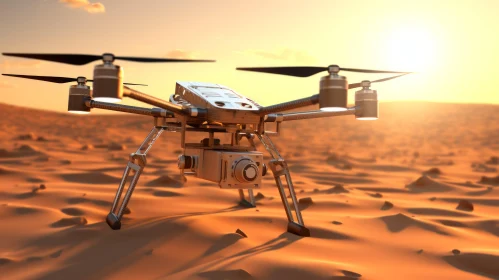 Silver Drone Over Desert at Sunset: A Photorealistic Artwork