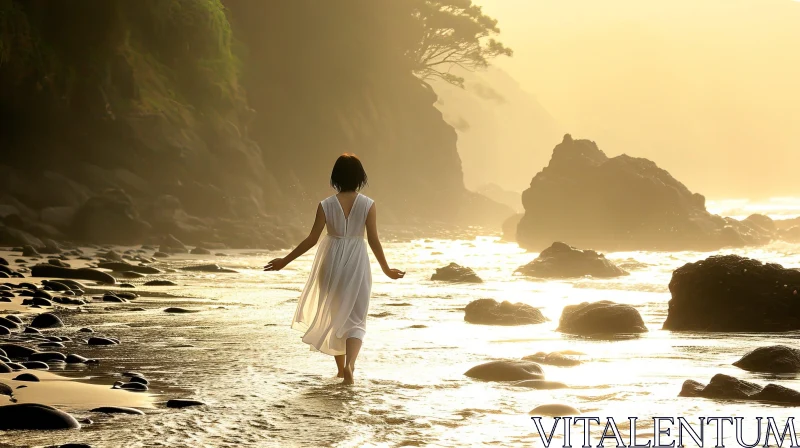 AI ART Tranquil Sunset Beach Scene with a Woman in a White Dress