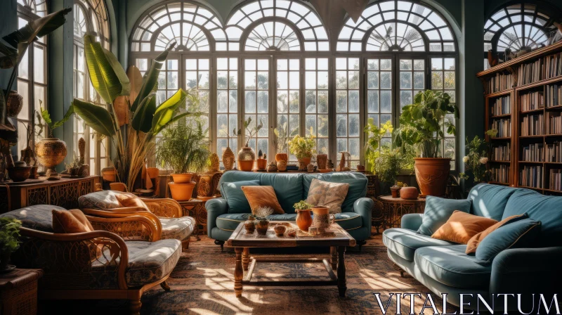Vintage Living Room in a Greenhouse: Exotic Atmosphere AI Image