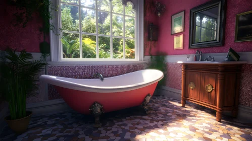 Red Bathtub in a Classic Bathroom