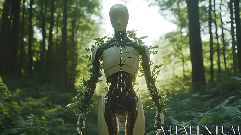 Cyborg Embracing Nature in Lush Greenery AI Image