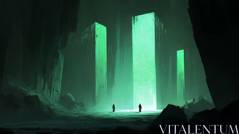 Ethereal Green Monoliths in Abstract Landscape AI Image