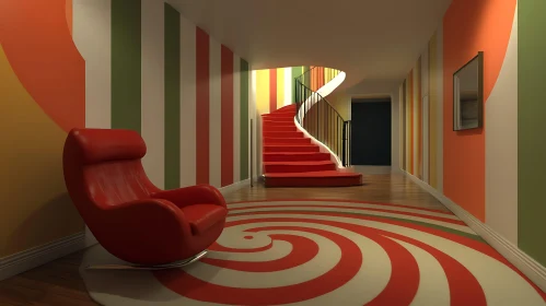 Colorful Striped Hallway with Red Staircase