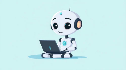 Cartoon Robot with Laptop Illustration