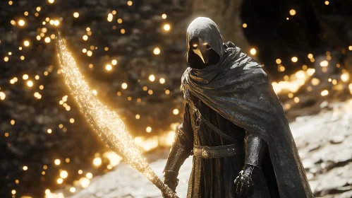 Mysterious Hooded Character with Glowing Sword