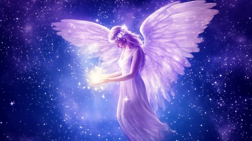 Angel Holding Light in Starry Sky