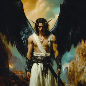 Winged Angel with Golden Horns and Sword