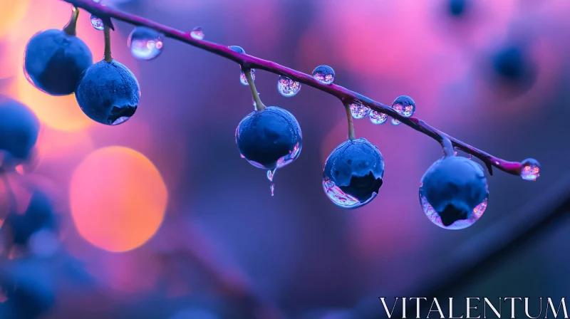 AI ART Close-Up of Blue Berries on Branch with Dew Drops