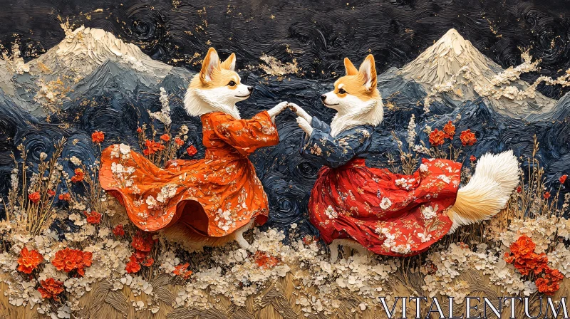 Corgi Dance in Floral Kimonos AI Image