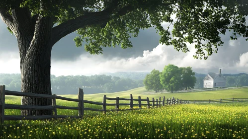 Yellow Flowers Field with Rustic Fence