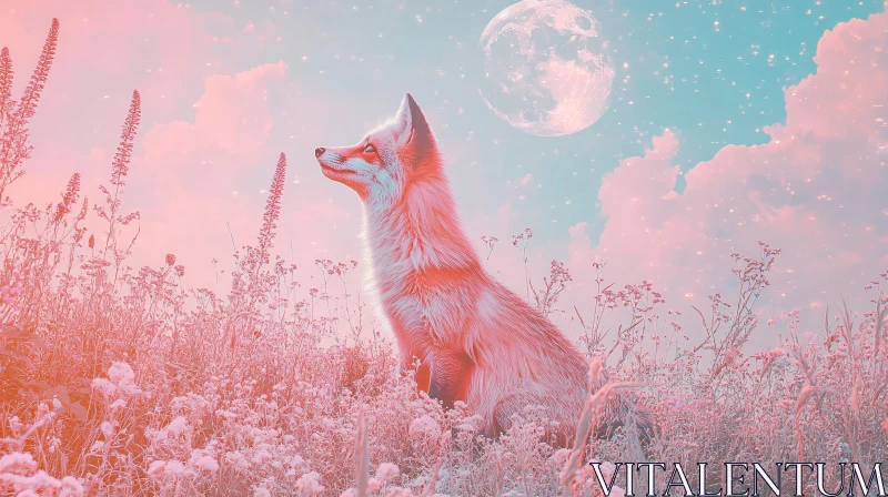 Fox in Floral Field Under Moonlight AI Image