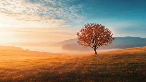Autumnal Tree on Hill at Sunrise