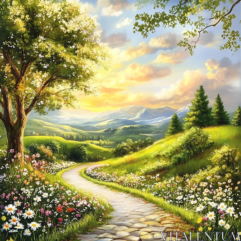 Scenic Path Through a Blooming Meadow AI Image