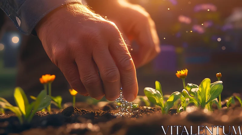 Hand Planting Seeds for Future Blooms AI Image