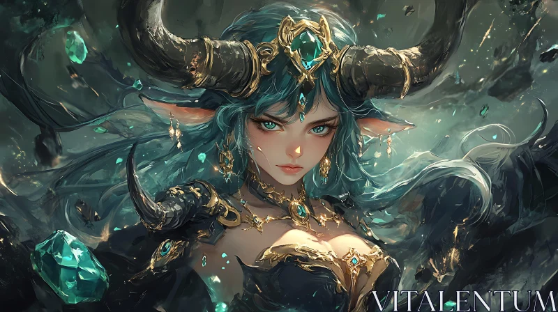 Mystical Horned Woman with Turquoise Hair AI Image