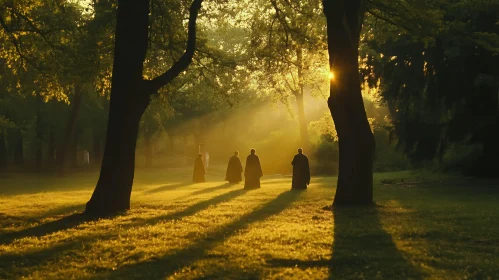 Golden Light Monks in Forest