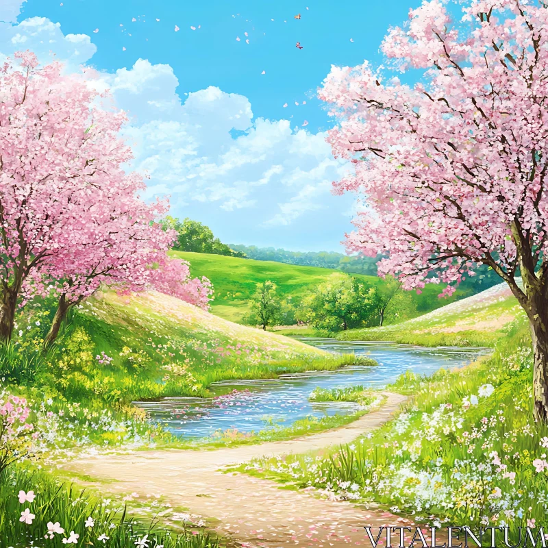 AI ART Peaceful River Scene with Cherry Blossoms