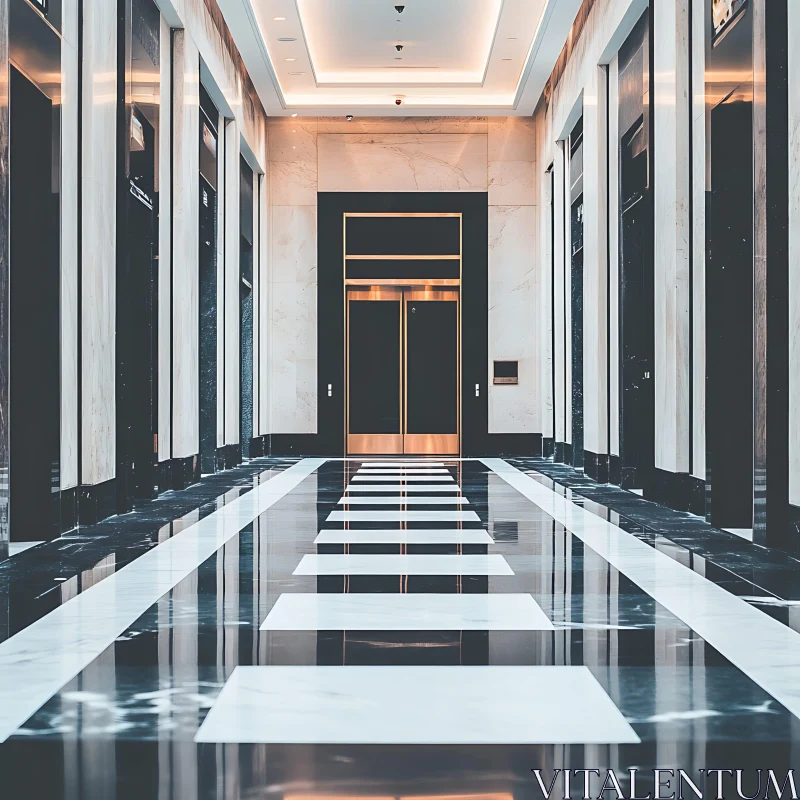 Symmetrical Marble Hallway with Elevator AI Image