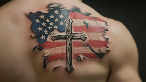 American Flag Shoulder Tattoo with Crucifix