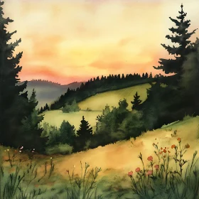 Peaceful Nature Scene Watercolor Painting