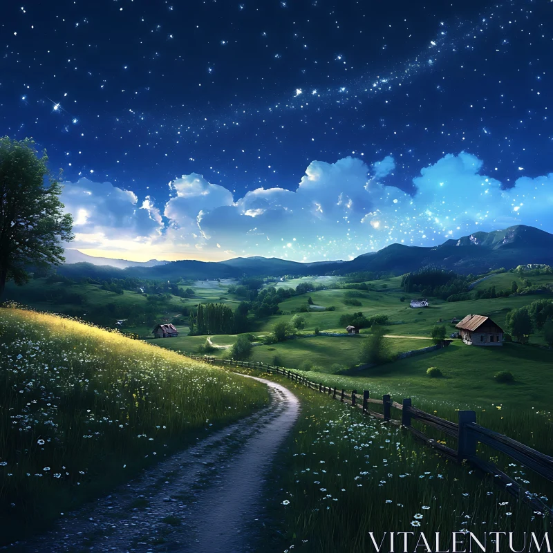 Picturesque Night Sky Countryside Scene AI Image